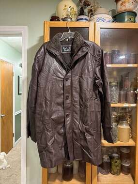 Vintage Real Leather Men's 3/4 Length Car Coat with Sherpa Collar - Brown, Size